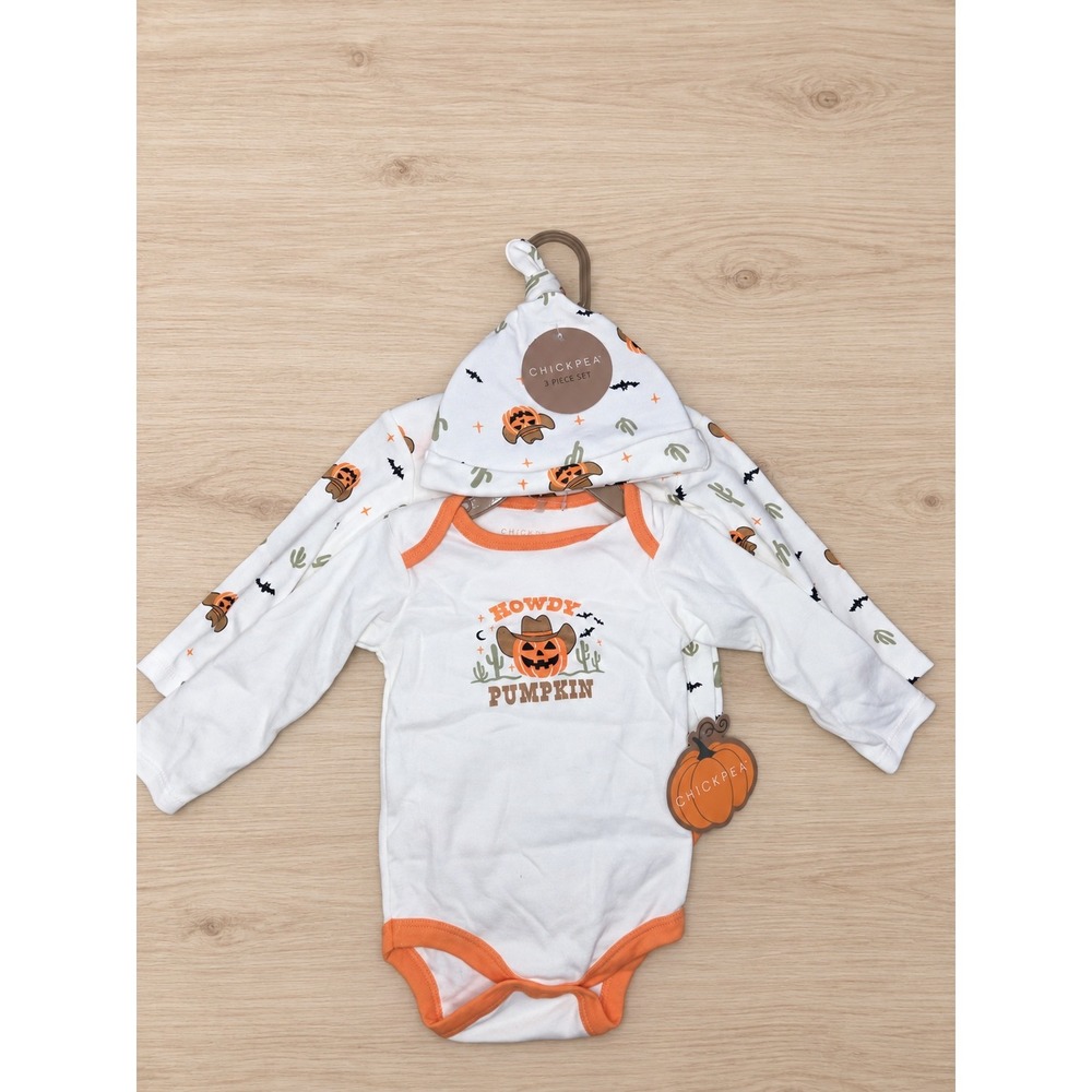 Chickpea Baby Howdy Pumpkin Halloween Bodysuit Hat Set 3pc White Orange 6-9M